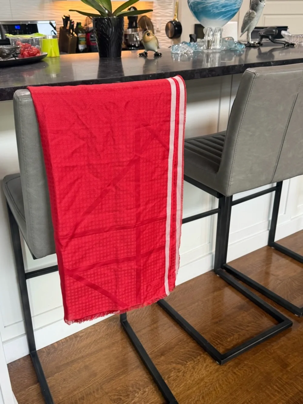 Dior silk and wool logo red scarf